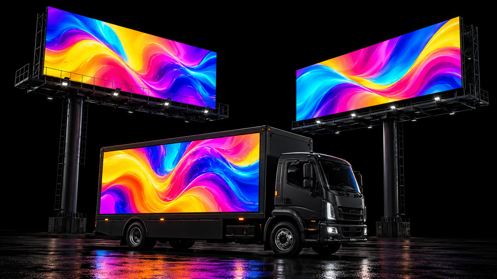 Camión con pantalla publicitaria móvil y espectaculares LED con gráficos coloridos